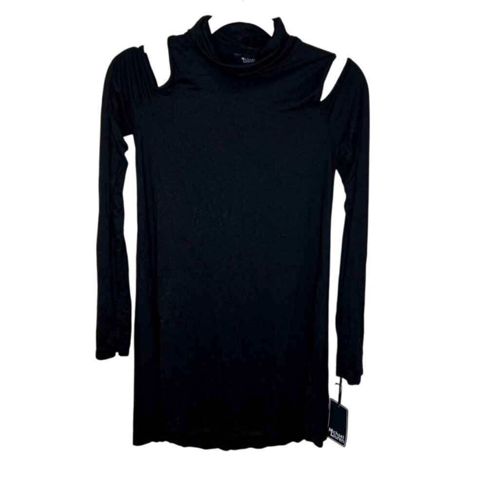 Michael Lauren Harp Turtleneck Open Shoulder Long Sleeve Mini Dress Black XS NWT